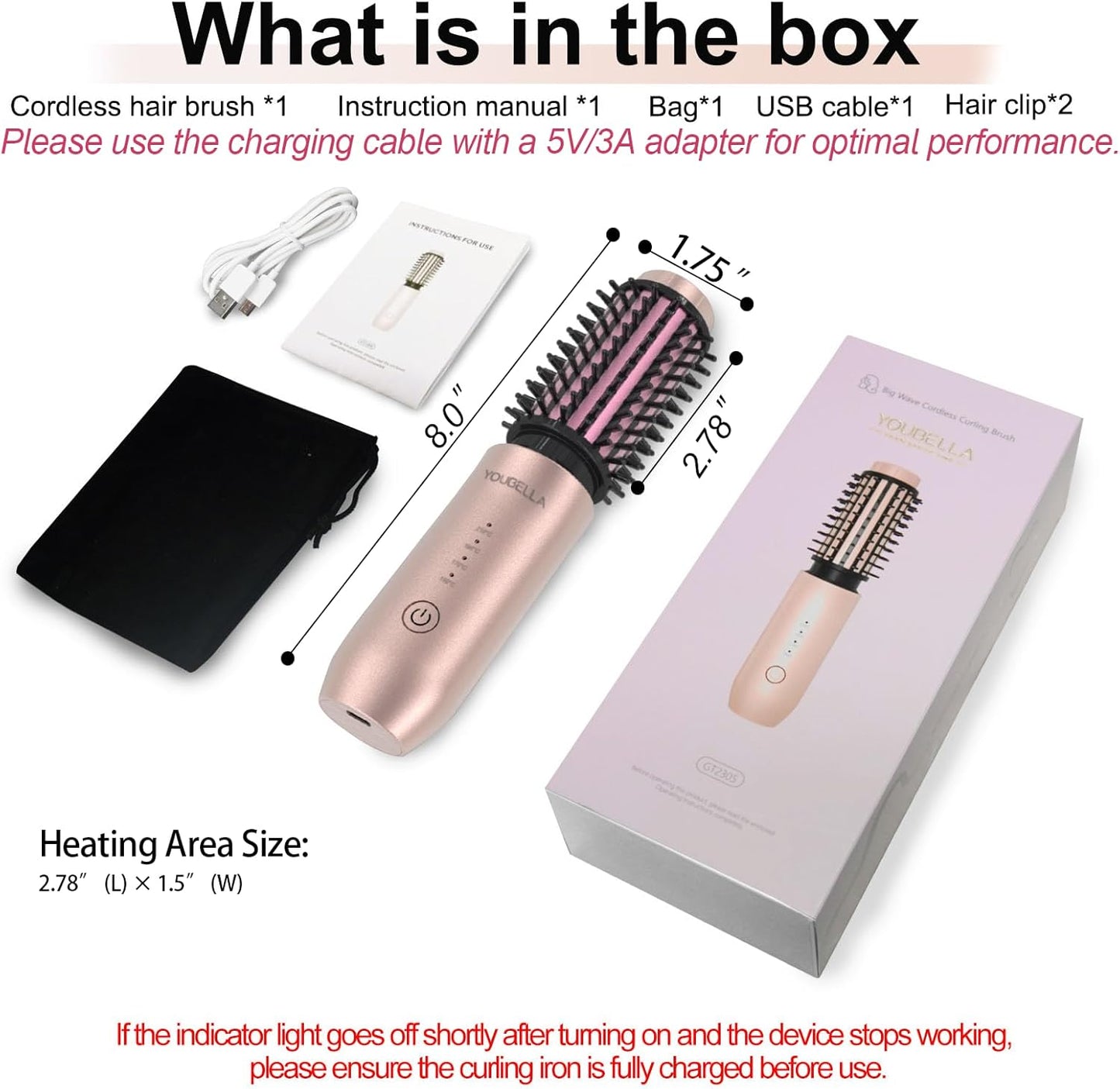 Cordless Hair Curling Iron Brush, Mini Travel Hot Straightener Comb, 3-In-1 Portable Wave Curling Wand, 1.5″ Ionic Heated Brush, USB Rechargeable Hair Curler, Pink – No Automatic Rotation