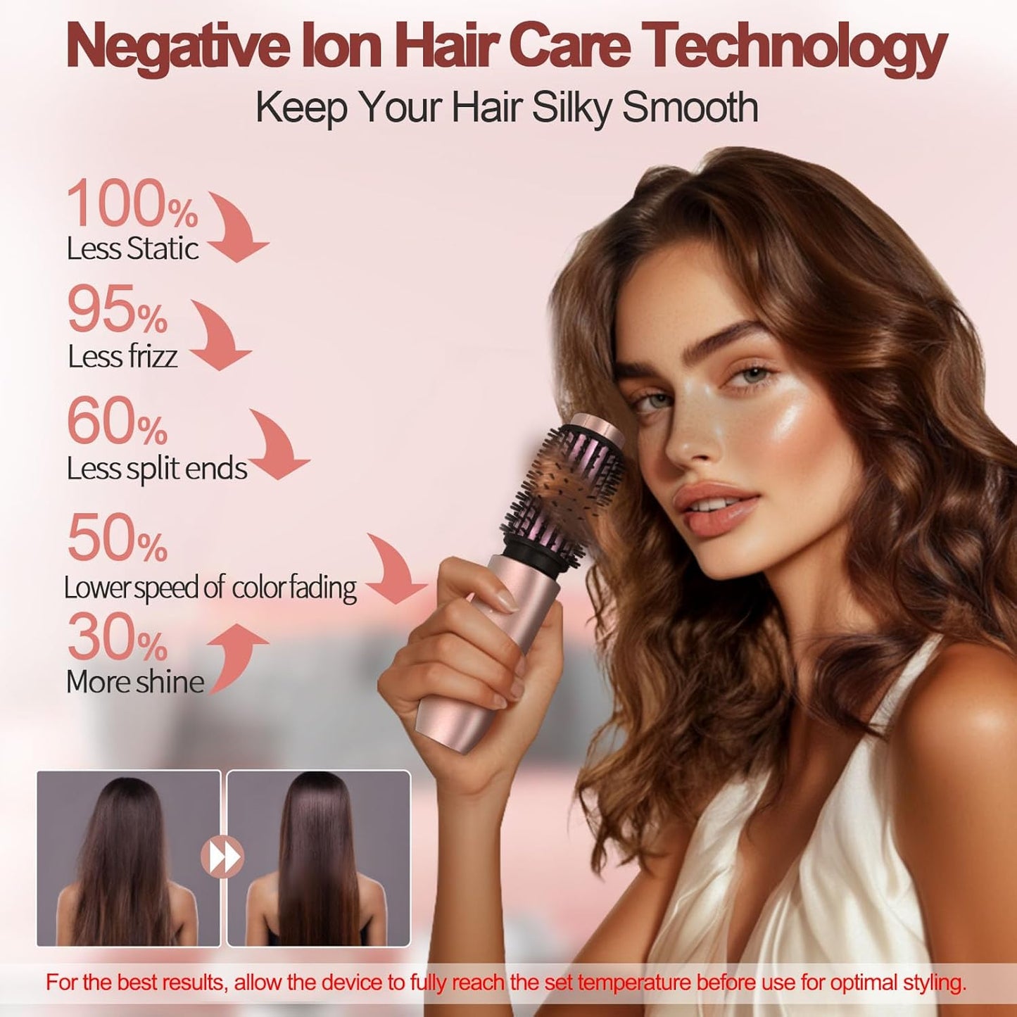Cordless Hair Curling Iron Brush, Mini Travel Hot Straightener Comb, 3-In-1 Portable Wave Curling Wand, 1.5″ Ionic Heated Brush, USB Rechargeable Hair Curler, Pink – No Automatic Rotation
