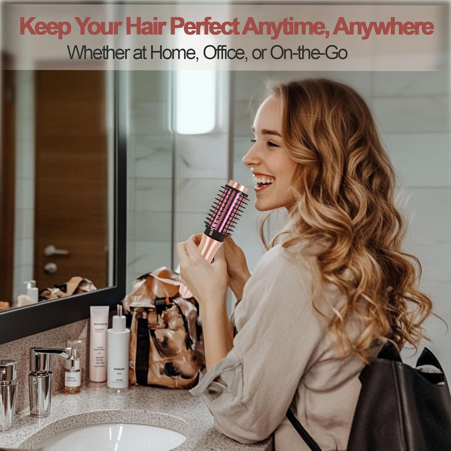 Cordless Hair Curling Iron Brush, Mini Travel Hot Straightener Comb, 3-In-1 Portable Wave Curling Wand, 1.5″ Ionic Heated Brush, USB Rechargeable Hair Curler, Pink – No Automatic Rotation