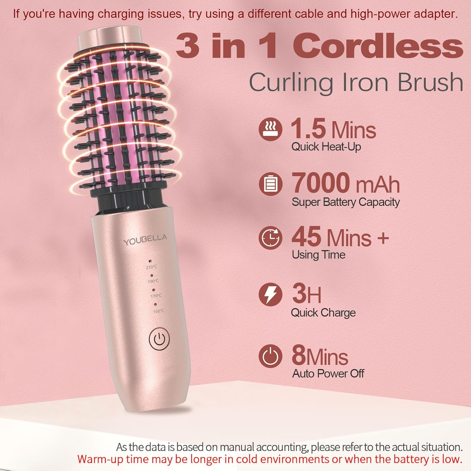 Cordless Hair Curling Iron Brush, Mini Travel Hot Straightener Comb, 3-In-1 Portable Wave Curling Wand, 1.5″ Ionic Heated Brush, USB Rechargeable Hair Curler, Pink – No Automatic Rotation