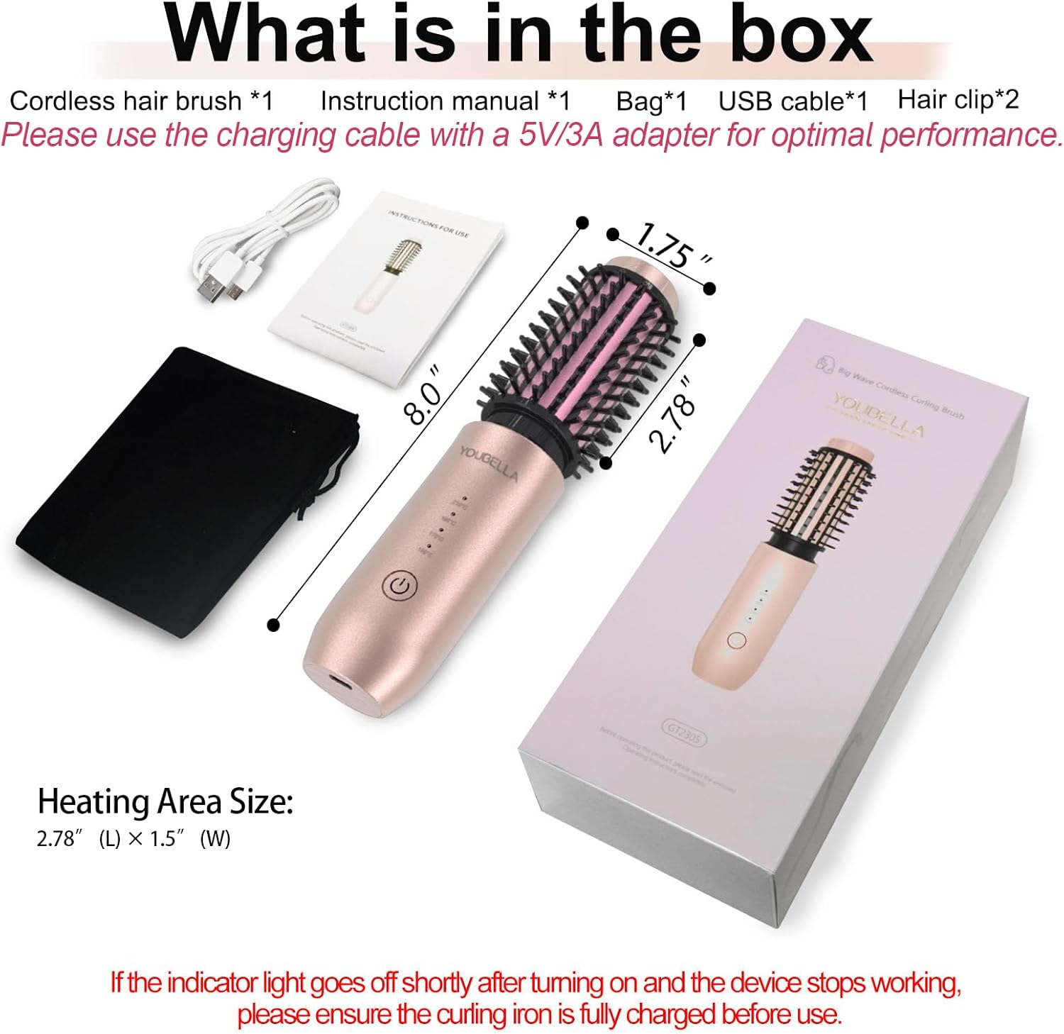 Cordless Hair Curling Iron Brush, Mini Travel Hot Straightener Comb, 3-In-1 Portable Wave Curling Wand, 1.5″ Ionic Heated Brush, USB Rechargeable Hair Curler, Pink – No Automatic Rotation