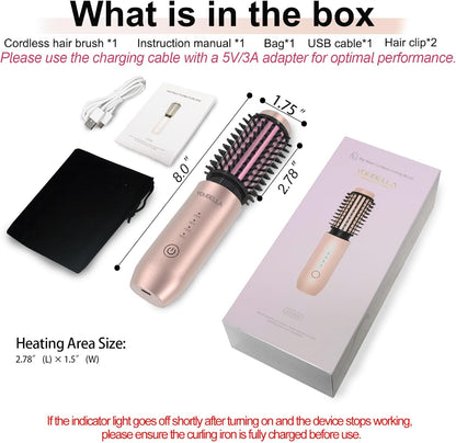 Cordless Hair Curling Iron Brush, Mini Travel Hot Straightener Comb, 3-In-1 Portable Wave Curling Wand, 1.5″ Ionic Heated Brush, USB Rechargeable Hair Curler, Pink – No Automatic Rotation